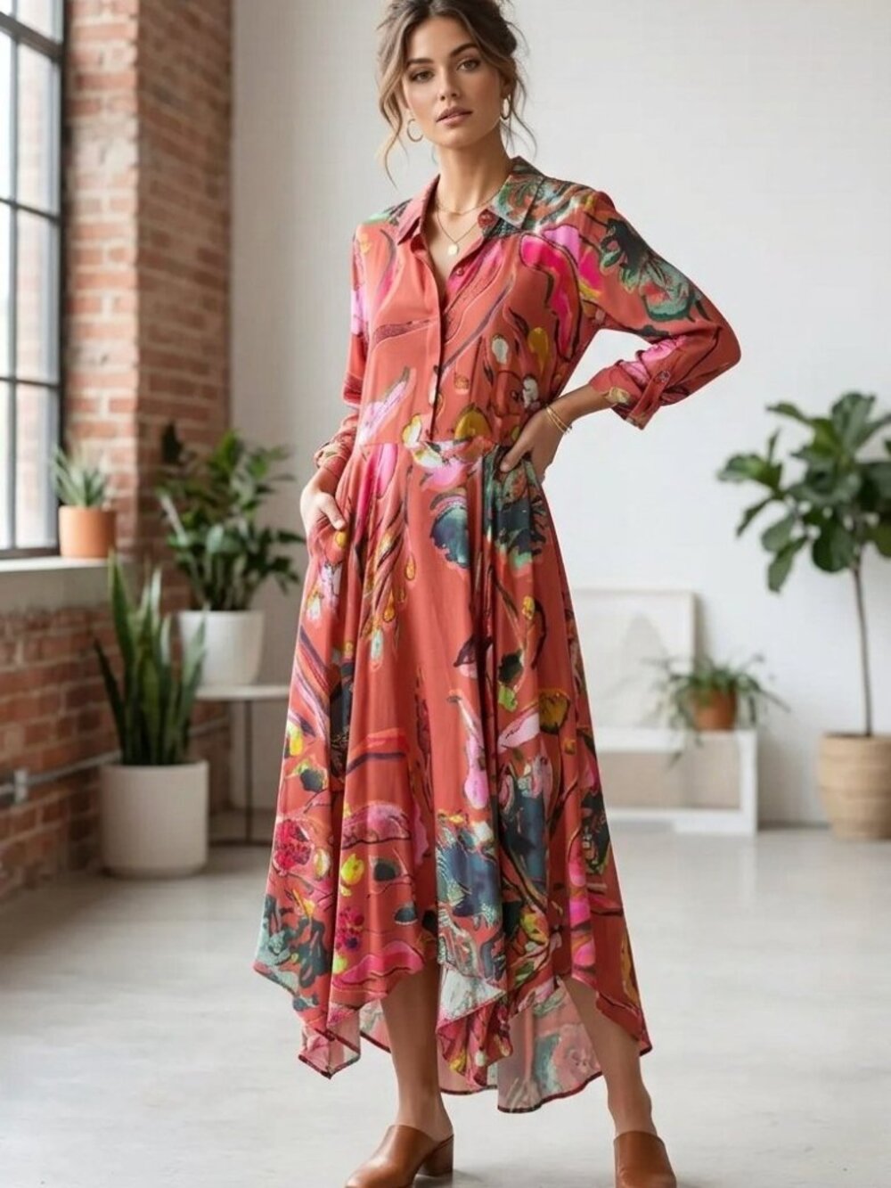 Soft Surroundings Women's Size XL Watercolor Floral Print Bonaire Midi Dress